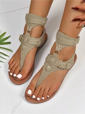 Women's Ankle-Strap T-Strap Sandals in kaki